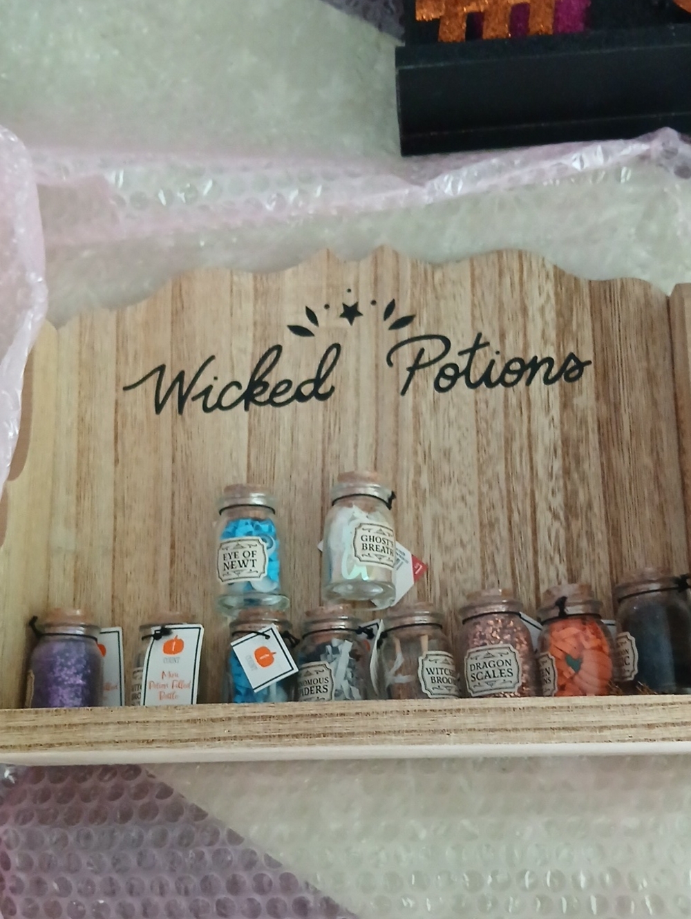 Wicked Potions Wooden Display with Glass Potion Jars - Natural Wood